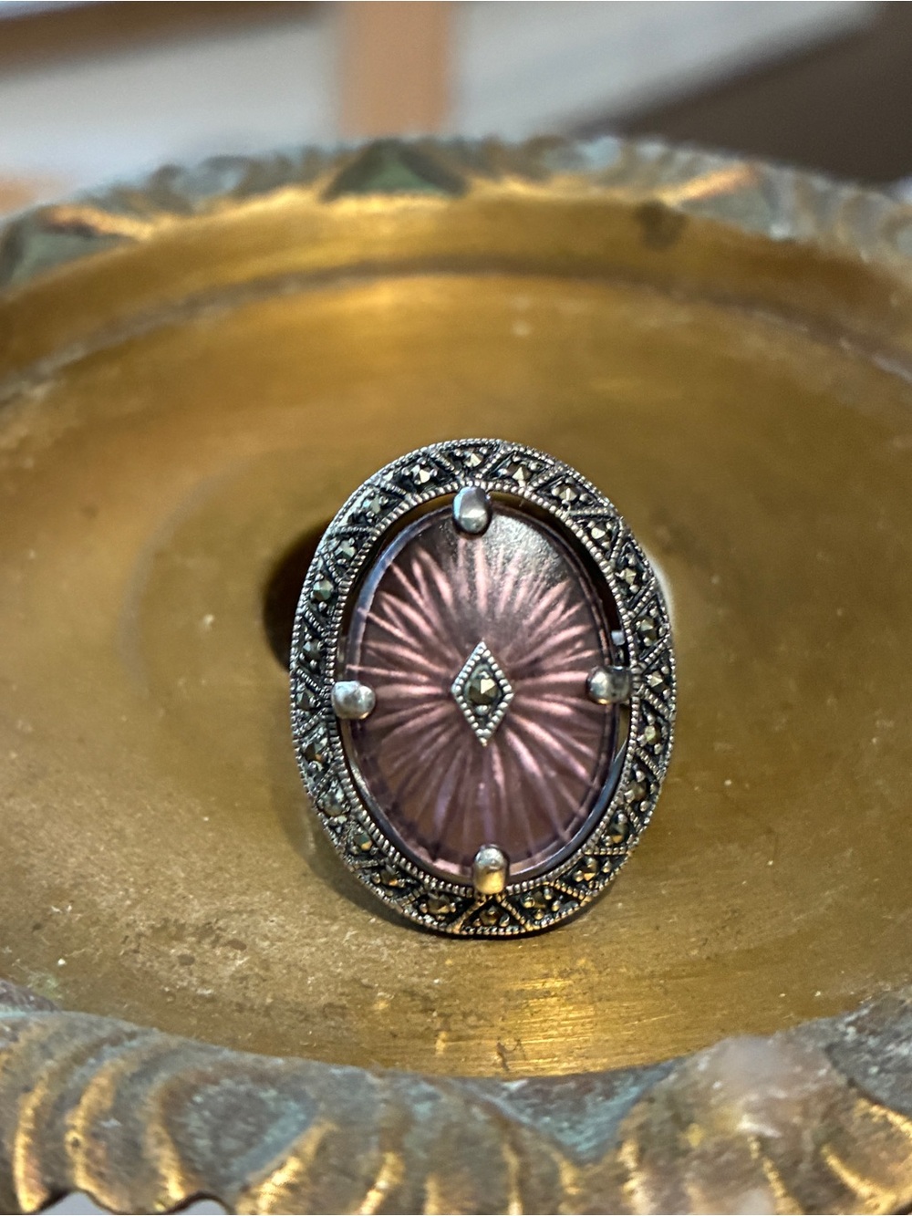 Art Deco Camphor Glass Marcasites Sterling Vintage Ring